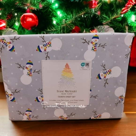 4pc Issac Mizrahi Snowman Rainbow Hat & Scarf Christmas QUEEN Bed Set New - Picture 1 of 4
